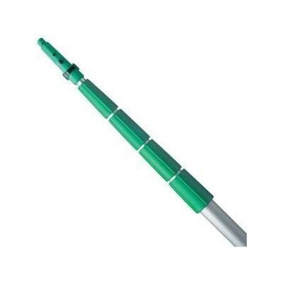 Unger Add n Arm Tele-Plus Pole 30ft All Sect, a telescopic cleaning pole with multiple green sections and an adjustable tip for reaching high places.